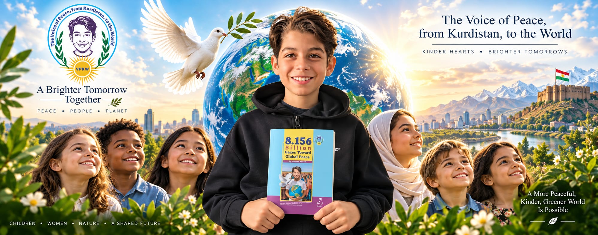 Mohammad holding his book,  sharing a massage  of peace, hope, and a greener future for childern around the world.